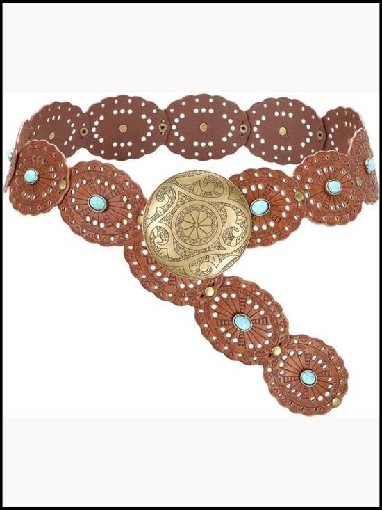 Western Disc Belt Turquoise Accent Boho Cowgirl Wide Leather Belt Hook Closure